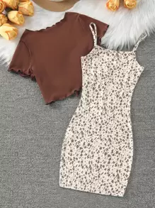 Tween Girl Lettuce Trim Tie Front Top & Ditsy Floral Print Cami Dress,Holiday,Summer,Travel - Multicolor - View 2