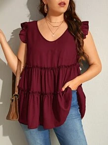 SHEIN Frenchy 大碼蝴蝶袖褶邊荷葉邊下擺襯衫 - 紫紅色 - 查看 1