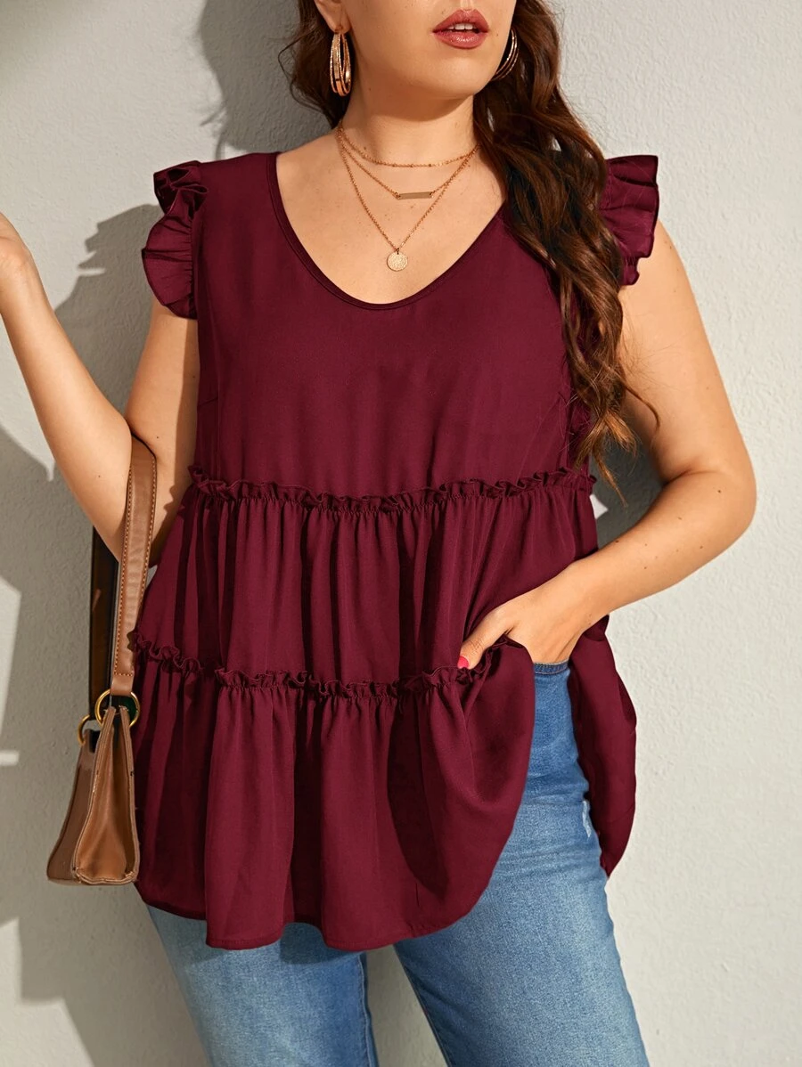 SHEIN Frenchy 大碼蝴蝶袖褶邊荷葉邊下擺襯衫 - 紫紅色 - 查看 1