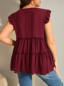 SHEIN Frenchy 大碼蝴蝶袖褶邊荷葉邊下擺襯衫 - 紫紅色 - 查看 2