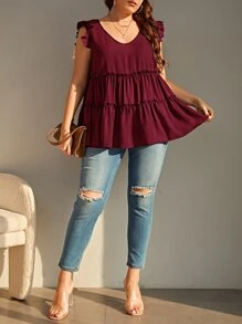 SHEIN Frenchy 大碼蝴蝶袖褶邊荷葉邊下擺襯衫 - 紫紅色 - 查看 3