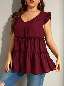 SHEIN Frenchy 大碼蝴蝶袖褶邊荷葉邊下擺襯衫 - 紫紅色 - 查看 5