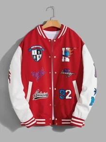 Manfinity RebelGame 1pc Men's Oversized Basketball & Letter Print Two-Tone Varsity Jacket - Red and White - View 1