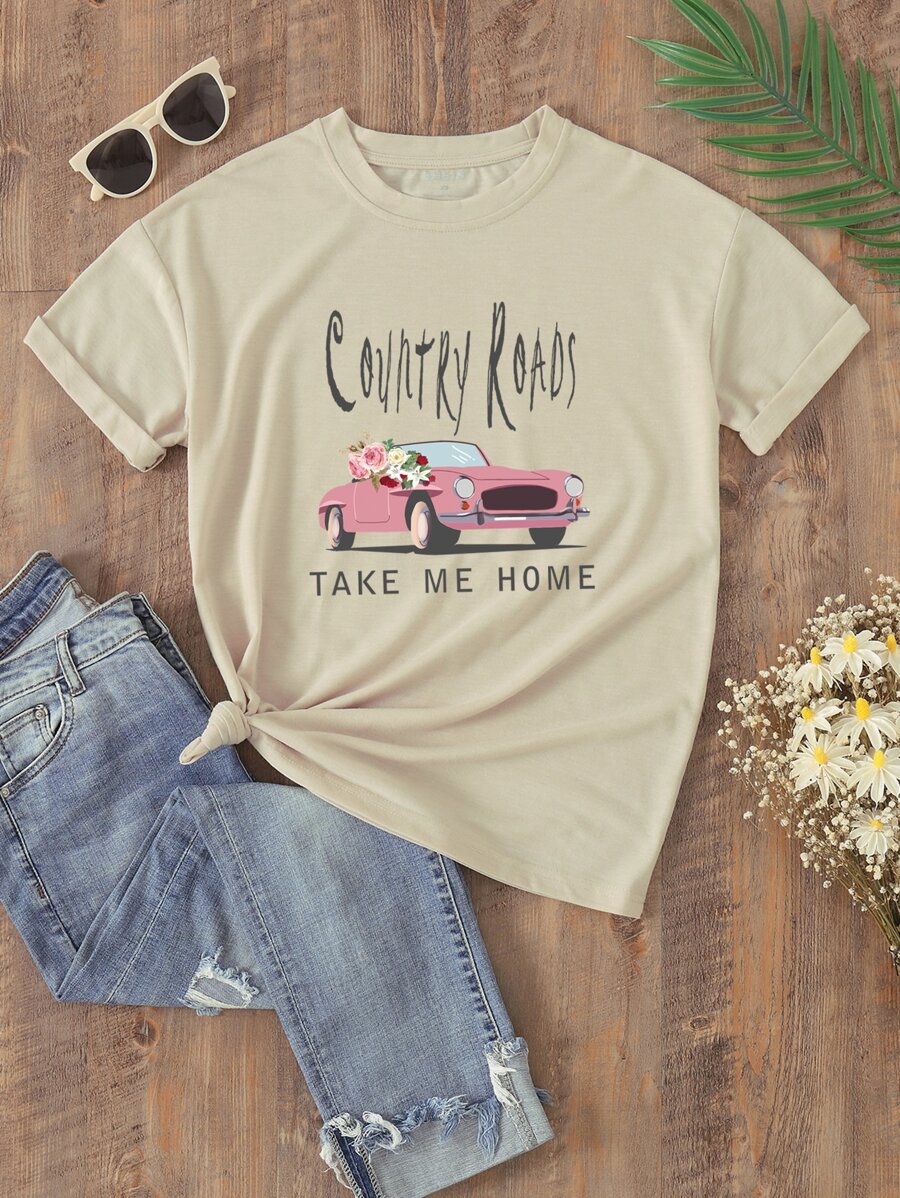 Áo thun nữ Ô tô/xe hơi Slogan Giải trí - Màu Khaki - Xem 1