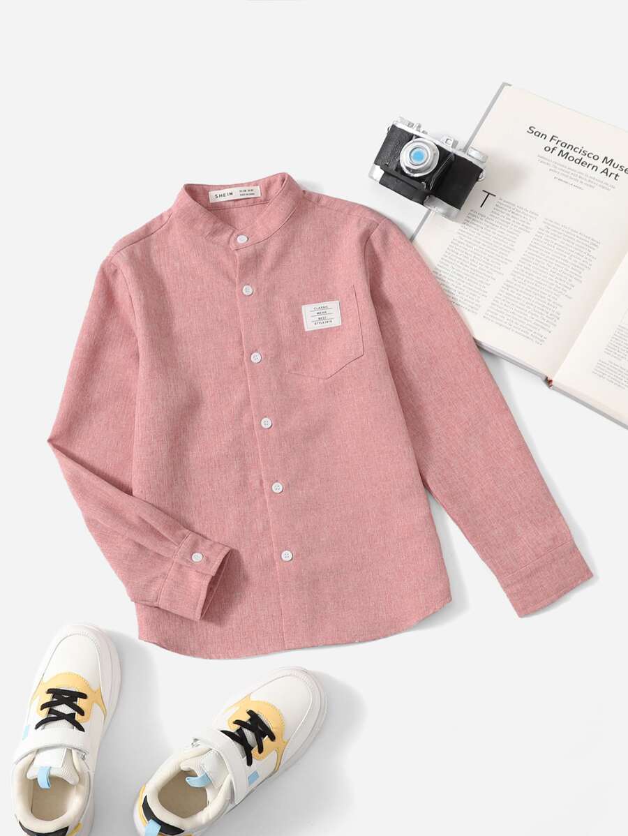 SHEIN Tween Boy Stand Collar Patch Pocket Letter Patch Buttoned Casual Shirt - Dusty Pink - View 1
