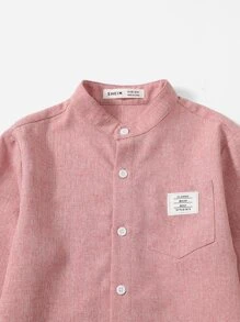 SHEIN Tween Boy Stand Collar Patch Pocket Letter Patch Buttoned Casual Shirt - Dusty Pink - View 3