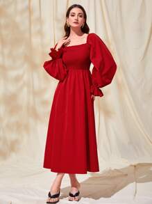 Mulvari Flounce Sleeve Shirred Waist Dress - Red - View 3
