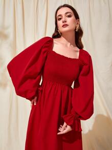 Mulvari Flounce Sleeve Shirred Waist Dress - Red - View 5