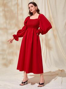 Mulvari Flounce Sleeve Shirred Waist Dress - Red - View 2