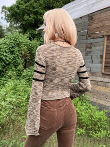 ROMWE PUNK 頹廢搖滾條紋圖案段染喇叭袖套頭毛衣 - 彩色 - 查看 2