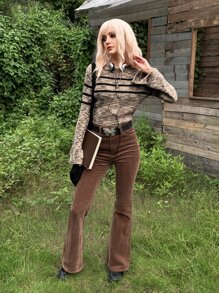 ROMWE PUNK 頹廢搖滾條紋圖案段染喇叭袖套頭毛衣 - 彩色 - 查看 4