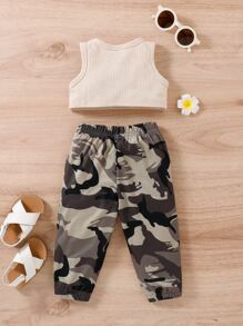 SHEIN Baby Letter Embroidered Tank Top & Camo Print Trousers - Multicolor - View 2