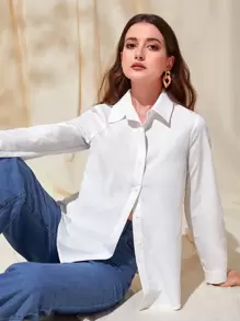 Mulvari Solid Button Front Shirt,Long Sleeve Tops