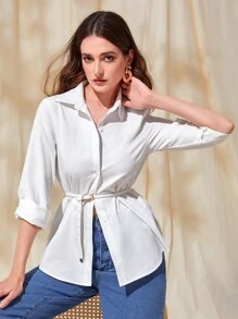 Mulvari Solid Button Front Shirt,Long Sleeve Tops