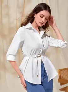 Mulvari Solid Button Front Shirt,Long Sleeve Tops