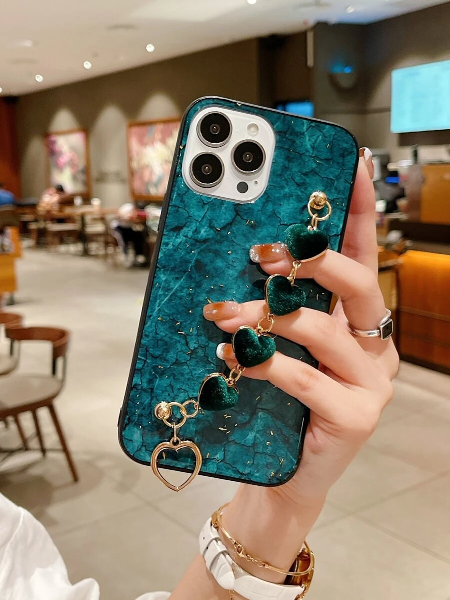 Ốp điện thoại in họa tiết đá cẩm thạch kèm dây đeo hình trái tim, phiên bản quốc tế, không phải phiên bản nội địa. - màu xanh lá - Xem 1