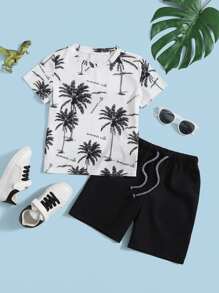 SHEIN Toddler Boys Tropical Print Tee And Shorts Set - Black and White - View 1
