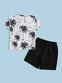 SHEIN Toddler Boys Tropical Print Tee And Shorts Set - Black and White - View 2