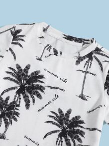 SHEIN Toddler Boys Tropical Print Tee And Shorts Set - Black and White - View 3