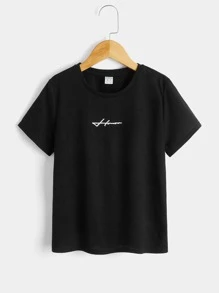 SHEIN Tween Boy Letter Pattern T-Shirt, Simple, Comfortable, Suitable For Daily Summer Wear - Black - View 1