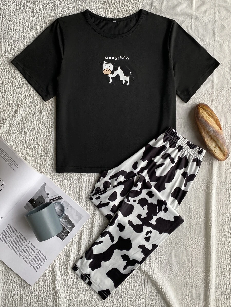 Cartoon & Letter Graphic Pyjama Set - Black and White - View 1