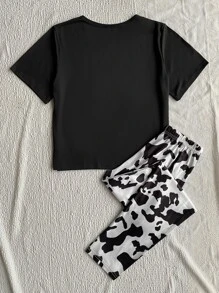 Cartoon & Letter Graphic Pyjama Set - Black and White - View 2