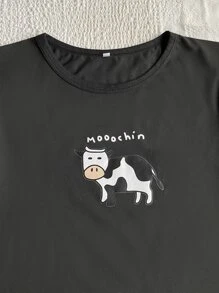 Cartoon & Letter Graphic Pyjama Set - Black and White - View 3