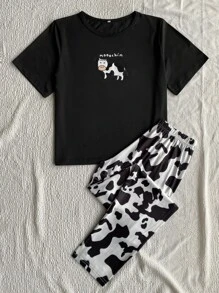 Cartoon & Letter Graphic Pyjama Set - Black and White - View 5