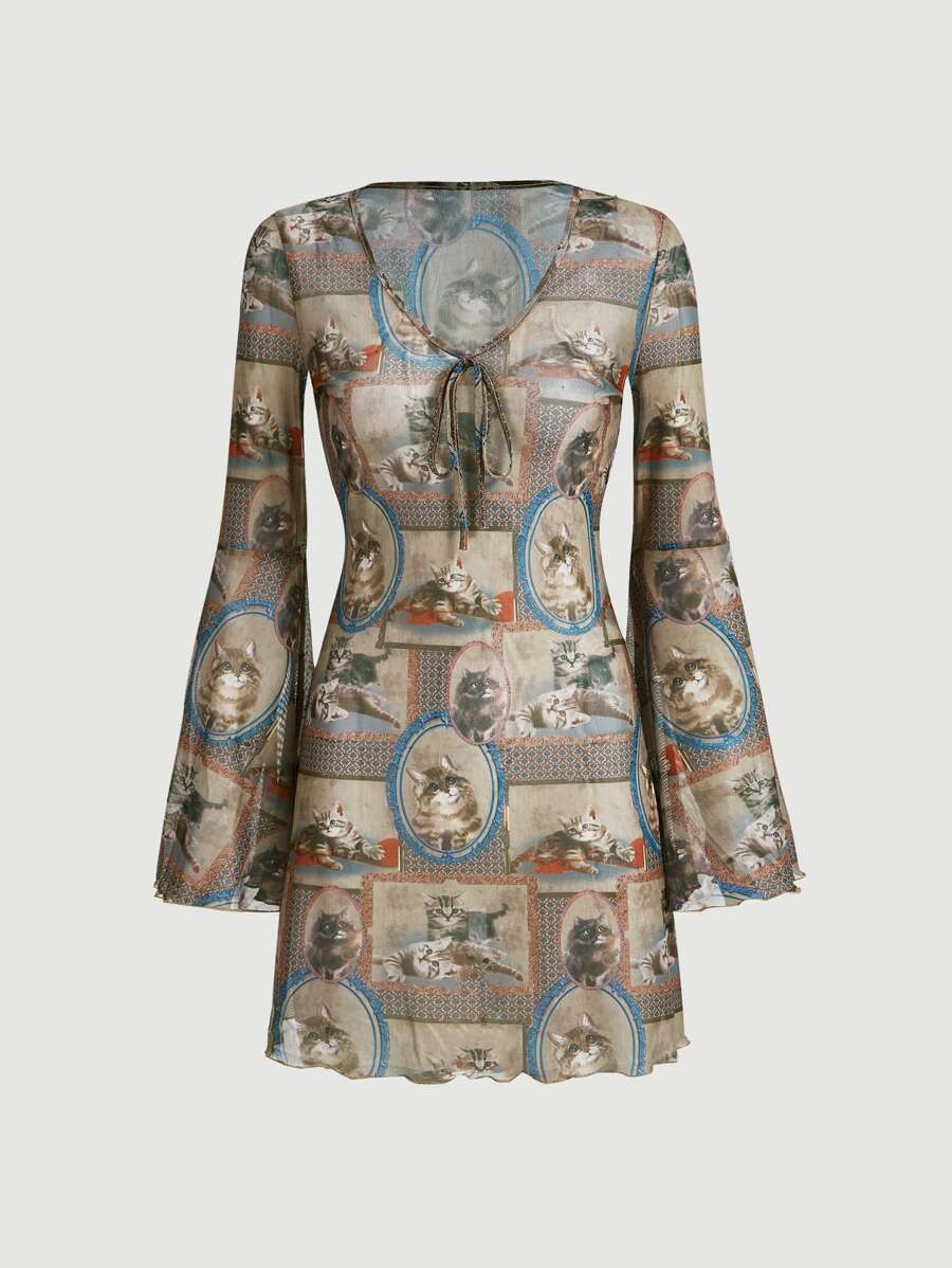 SHEIN MOD Tie Front Cat Print Dress - Multicolor - View 1