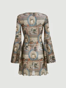 SHEIN MOD Tie Front Cat Print Dress - Multicolor - View 5