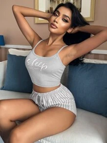 Snug Zone Letter & Striped Print Tie Waist PJ Set / Pajama Set Holiday Season - Light Grey - View 4