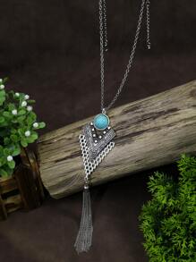 TopHanqi 1 件复古风格银色绿松石镶嵌吊坠项链，适合女士，适合日常佩戴、派对、聚会、约会的多功能配饰 - 復古銀色 - 查看 5