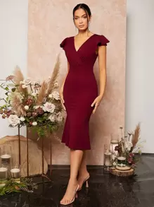 SHEIN Belle 荷叶边袖褶饰美人鱼下摆伴娘礼服优雅鸡尾酒半正式舞会婚礼宾客礼服，适合生日、毕业典礼、晚宴、返校节派对礼服 - 紫紅色 - 查看 7