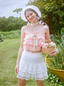 ROMWE Kawaii Tie Front Layered Hem Cami Top - Pink - View 6