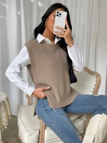 Chaleco de punto con botón lateral tejido de canalé sin camisa - Caqui - Ver 3