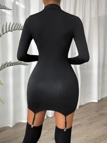 SHEIN Essnce 纯色立領長袖洋裝不含袜 - 黑色 - 查看 2