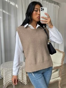 Chaleco de punto con botón lateral tejido de canalé sin camisa - Caqui - Ver 6