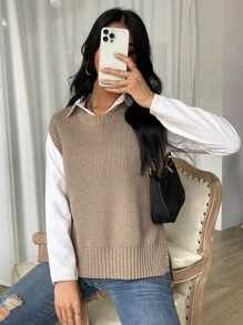 Chaleco de punto con botón lateral tejido de canalé sin camisa - Caqui - Ver 7