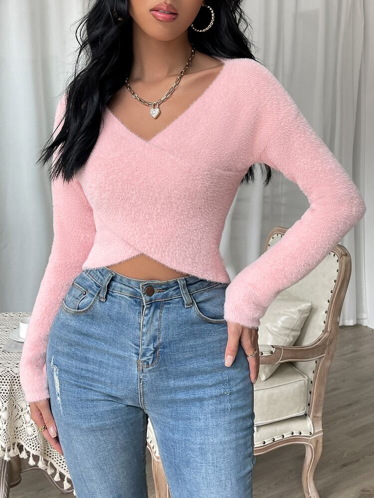 SHEIN Qutie Suéter Cruzado Sólido Difuso - Rosa Pálido - Añade 4