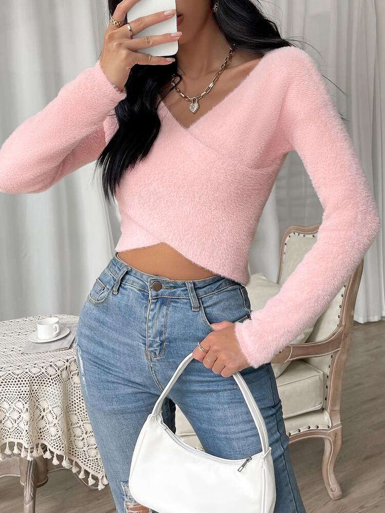 SHEIN Qutie Suéter Cruzado Sólido Difuso - Rosa Pálido - Añade 5