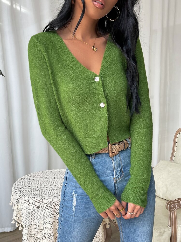 Muchica 秋冬纯色纽扣前开衫 - 青檸色 - 查看 8