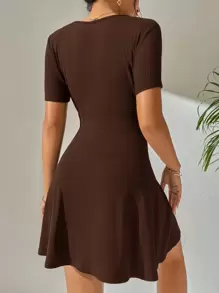 SHEIN PETITE Solid Deep V Neck Rib Knit Dress - Chocolate Brown - View 2