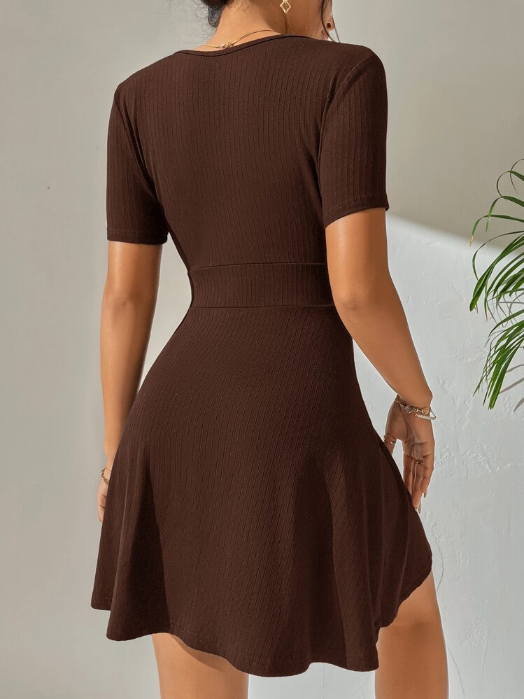 SHEIN PETITE Solid Deep V Neck Rib Knit Dress - Chocolate Brown - View 2