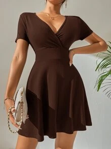 SHEIN PETITE Solid Deep V Neck Rib Knit Dress - Chocolate Brown - View 3