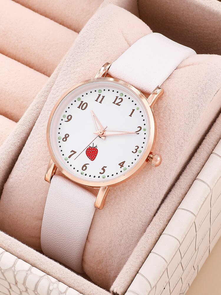 草莓印花表盘圆形指针石英表作为返校学生的礼物 - 白色 - 查看 3