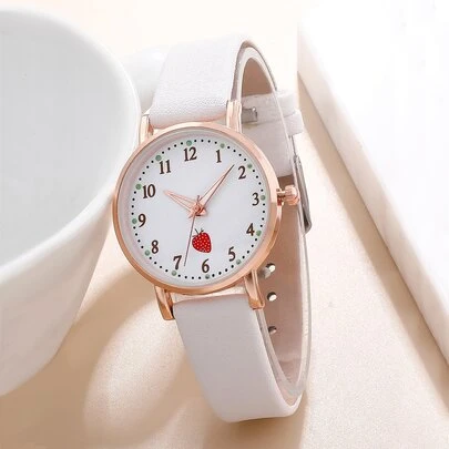 草莓印花表盘圆形指针石英表作为返校学生的礼物