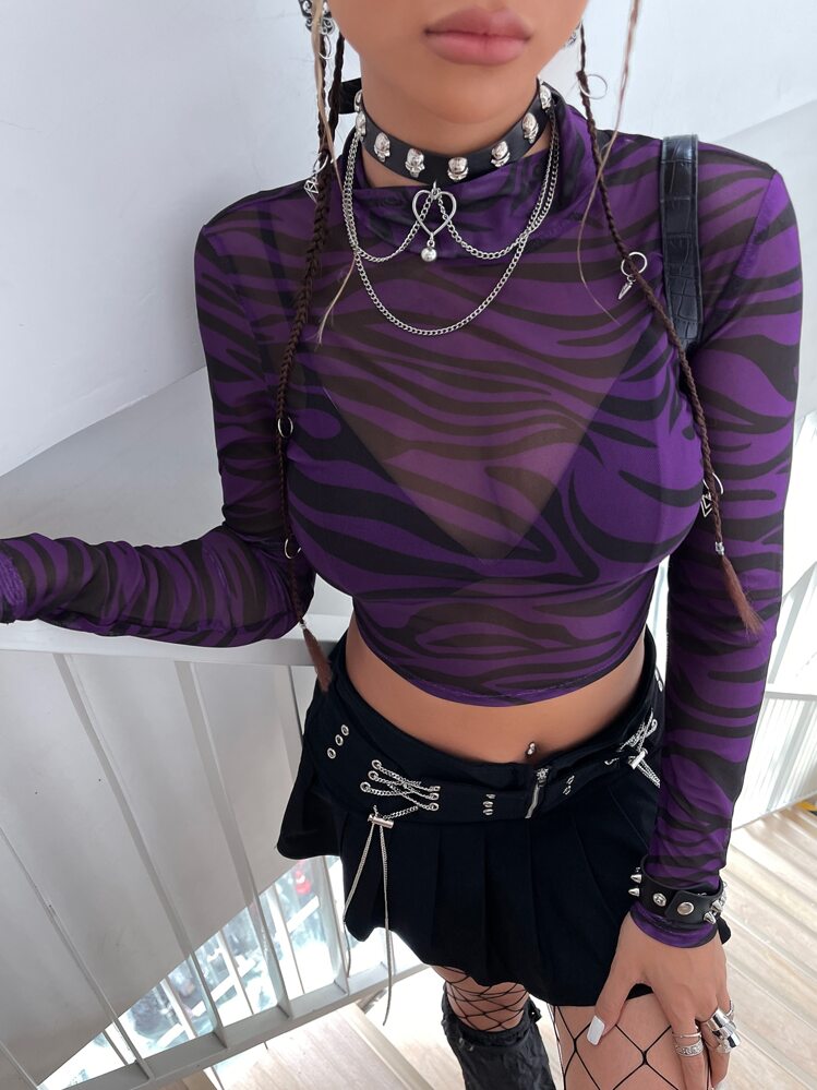 SHEIN ICON 小高領斑馬紋條紋透明網紗上衣不帶胸罩 - 紫色 - 查看 1