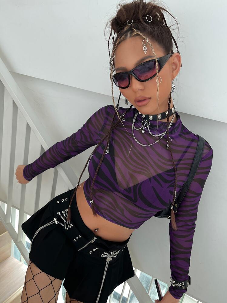 SHEIN ICON 小高領斑馬紋條紋透明網紗上衣不帶胸罩 - 紫色 - 查看 3