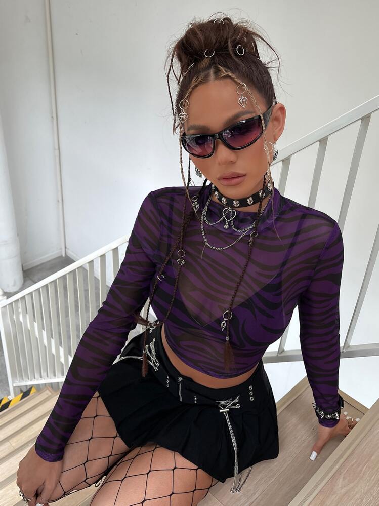 SHEIN ICON 小高領斑馬紋條紋透明網紗上衣不帶胸罩 - 紫色 - 查看 4