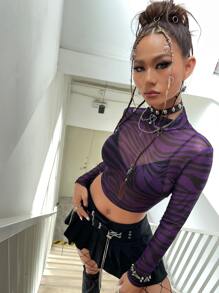 SHEIN ICON Mock Neck Zebra Striped Sheer Mesh Top Without Bra - Purple - View 5